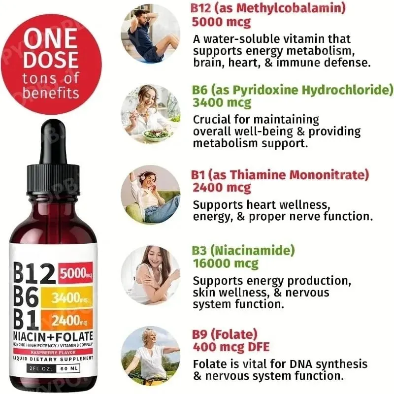 5-in-1 Vitamin B Complex Liquid Drops B12 B6 B1 Niacin Folate Support Normal Energy Metabolism Immune System Health