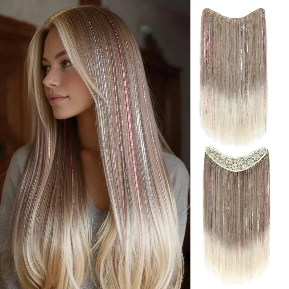 24Inch Long Straight Synthetic Clip‑in Hair Extensions Glitter Laser Tinsel Hair High‑Temp Fiber Shiny Hairpiece for Women Daily