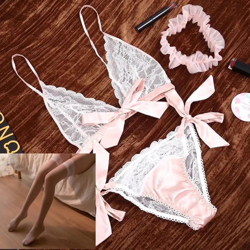 Lingerie sexy francesa renda babados sem fio sutiã e calcinha com liga conjunto de roupa íntima tentação transparente conjunto de sutiã ultrafino — image 7