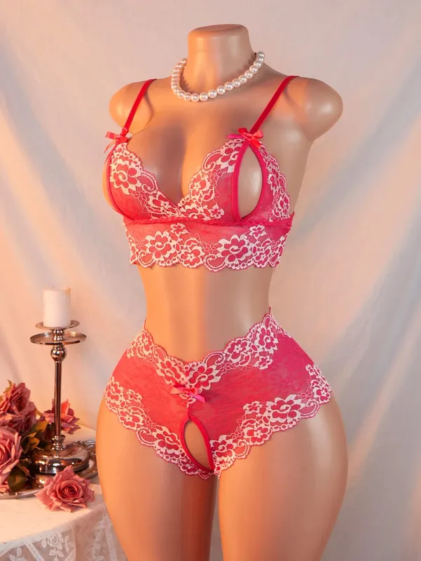 Pink Lace Open Brassiere Crotchless Panties Sexy Lingerie Female Sling Seductive Women's Fetish Transparent Underwear Sets — image 12