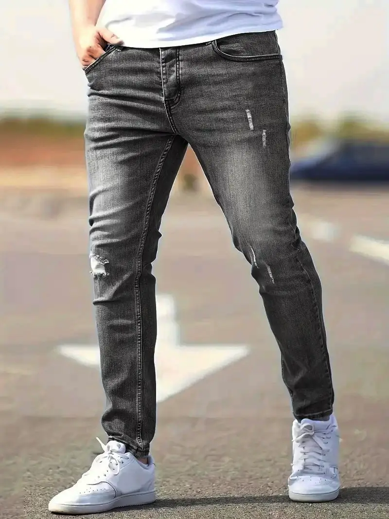Men's American Retro Hole-Punched Stretch Slim Fit Jeans Zipper Casual Streetwear Denim Pants Classic Black Blue Skinny Trousers — image 5