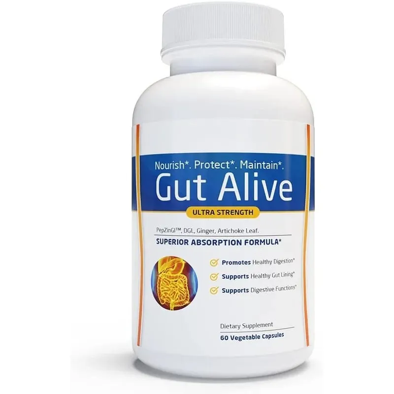Gut Alive - All Natural Support to Fight IBS Heartburn Acid Indigestion Acid Reflux Bloating & Gas Unique Formulation 60 Count