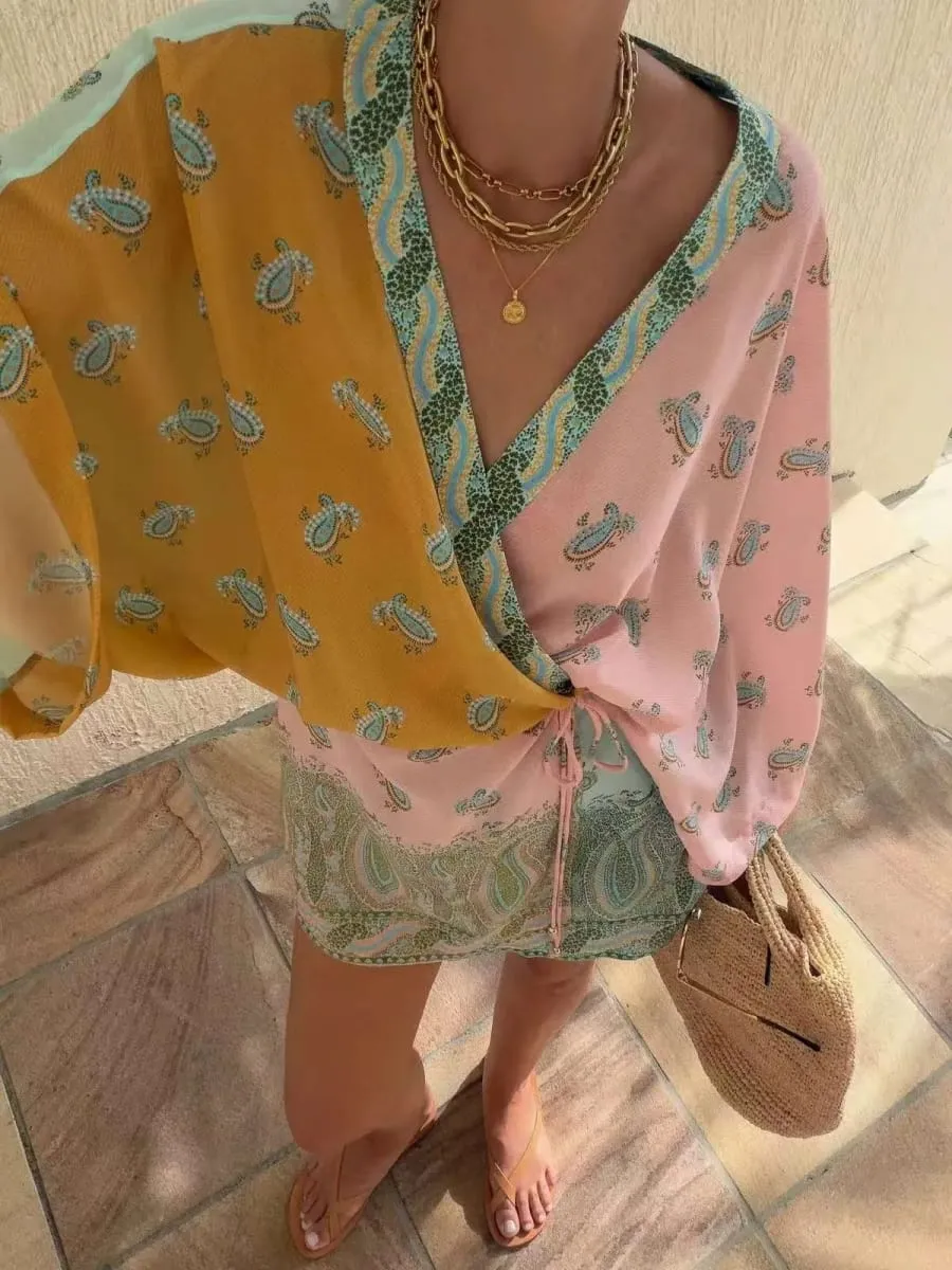 Bohemian Color Block Paisley Print Kimono Wrap Mini Dress Women V Neck 3/4 Sleeve Beach Cover Up Casual Short Dresses Summer 202 — image 3