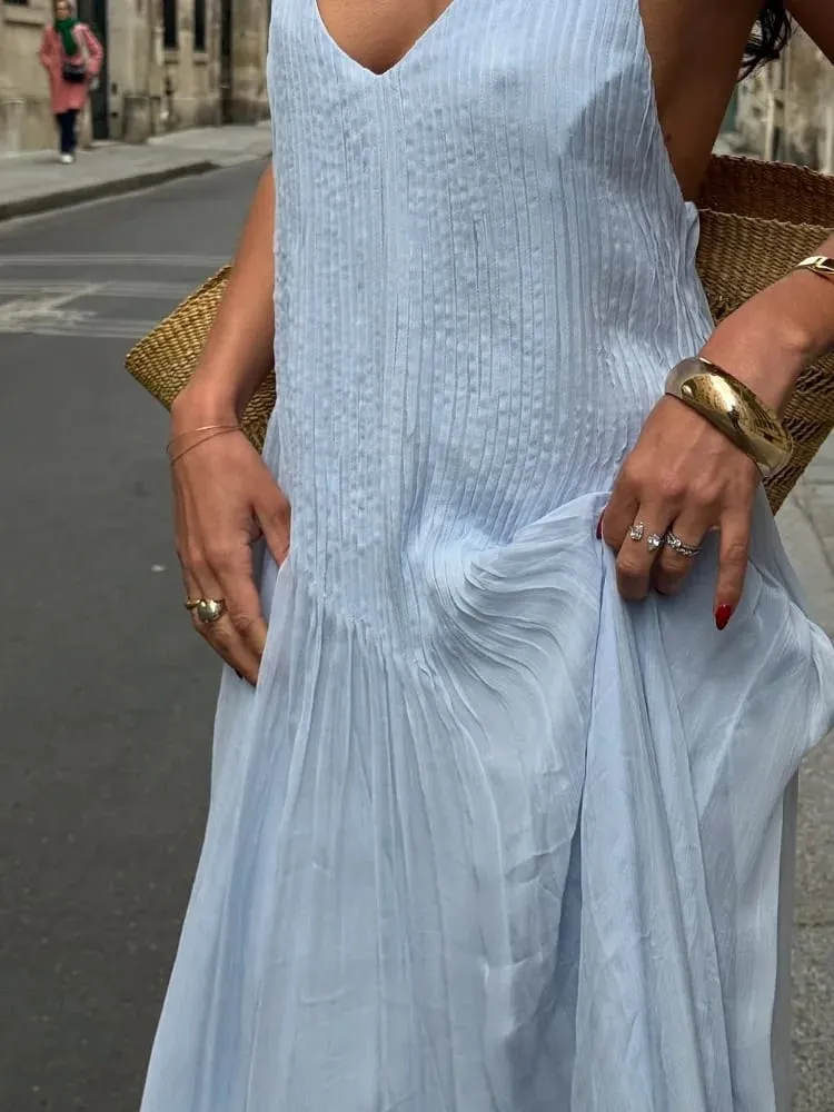 Sexy feminino cor sólida plissado vestido longo elegante sem mangas suspender sem costas magro ajuste vestidos de festa de praia robe feminino — image 6