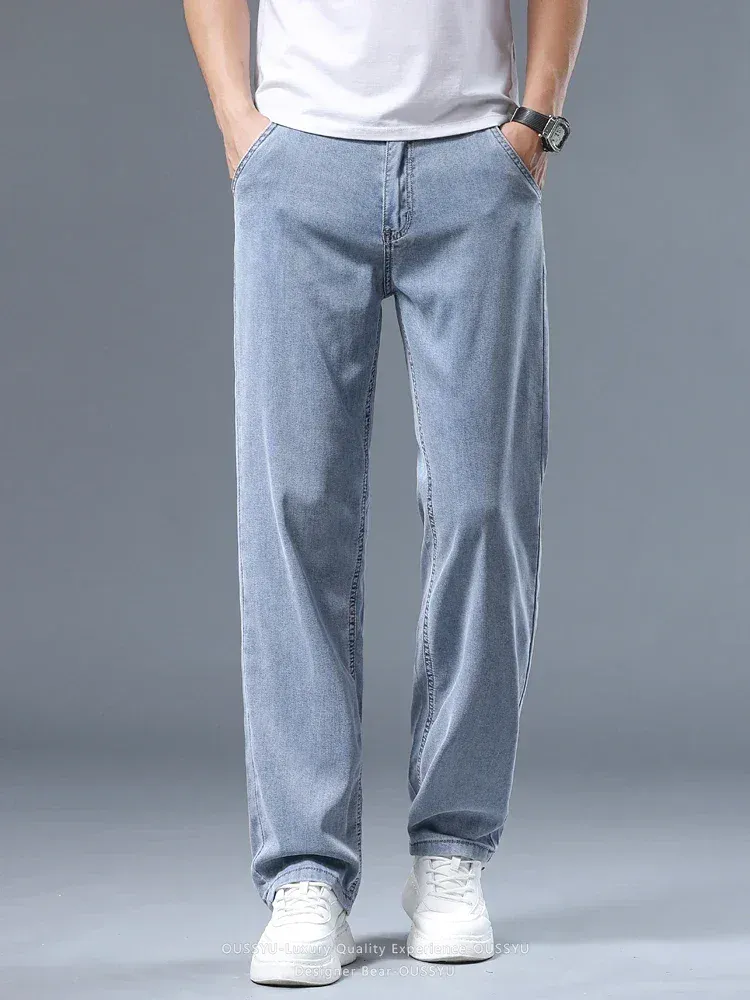 Summer Thin Men's Loose Straight Jeans Lyocell Soft Drape Business Casual Trousers Smoke Gray Ice Silk Pants Plus Size 40 42 — image 6