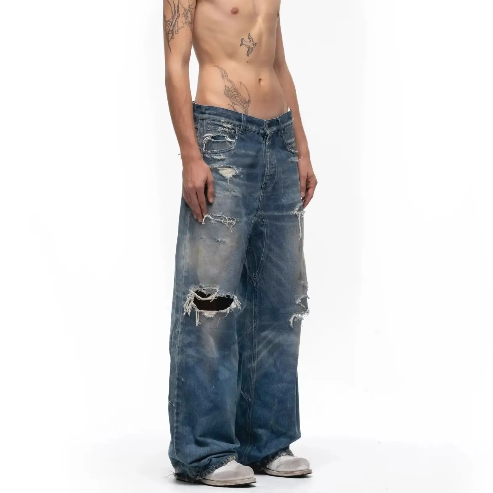 Unisex Jeans 2026 Spring Autumn Men's American Hollow Out Washed Retro Jeans Loose Wide Leg Straight Pants Hole Ripped Trousers
