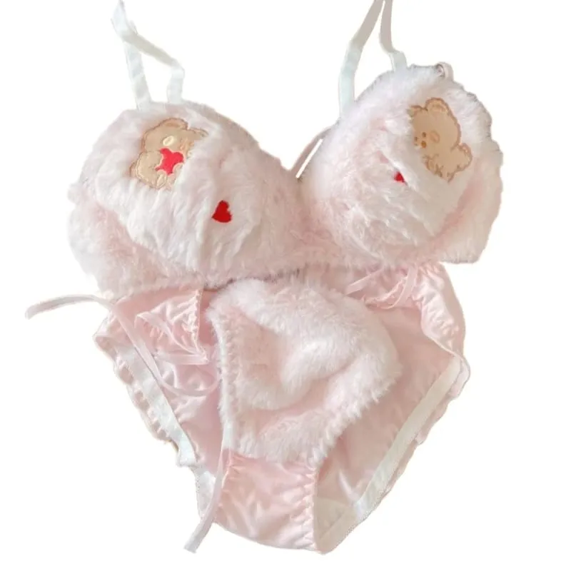 Conjunto de calcinha e sutiã de pelúcia peludo feminino, estampa de panda de desenhos animados, lingerie de inverno, menina escolar, anime japonês, roupa íntima cosplay — image 13