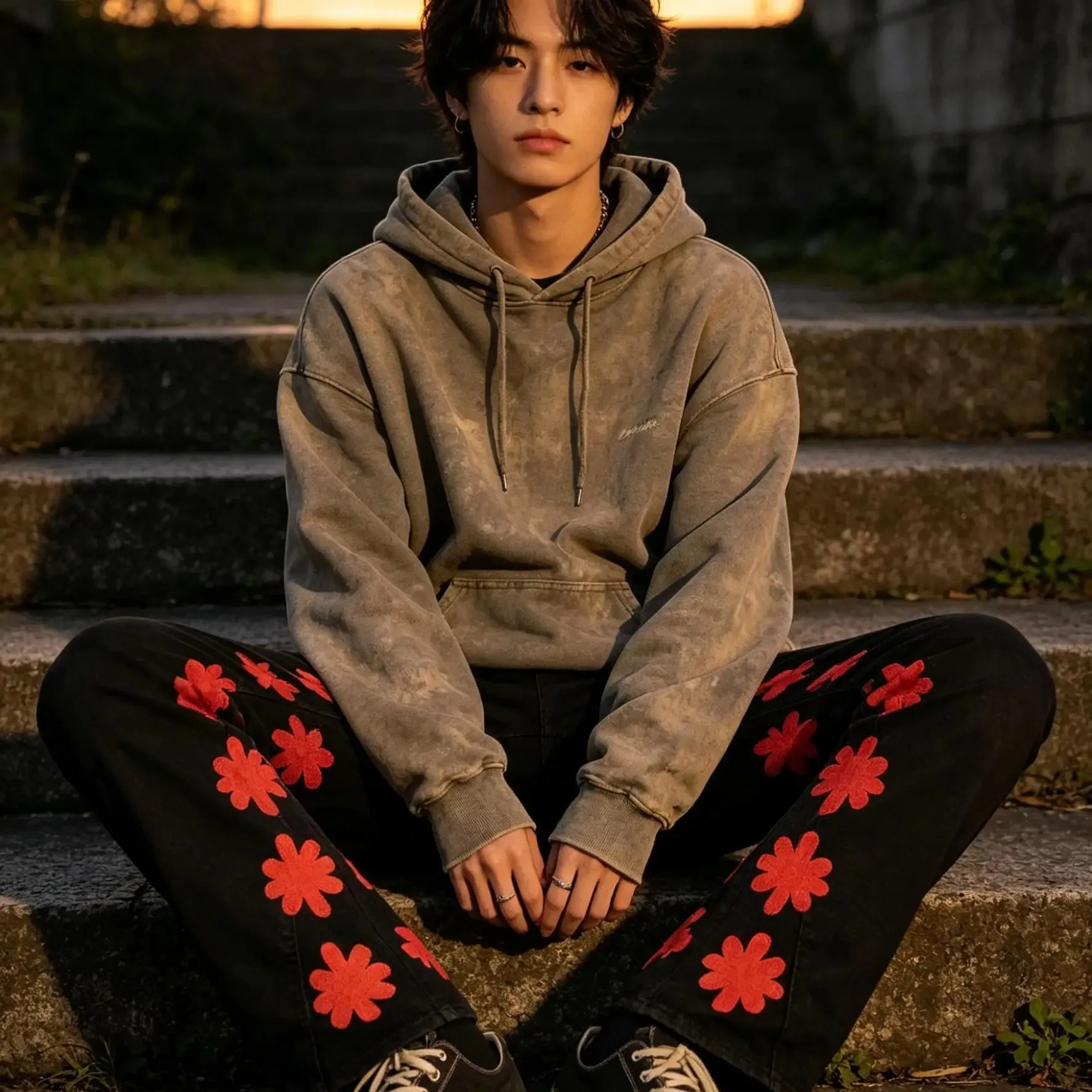 Men's Embroidered Floral Flare Jeans – Vintage Washed Distressed Y2K Hip Hop Streetwear Denim Pants — image 5