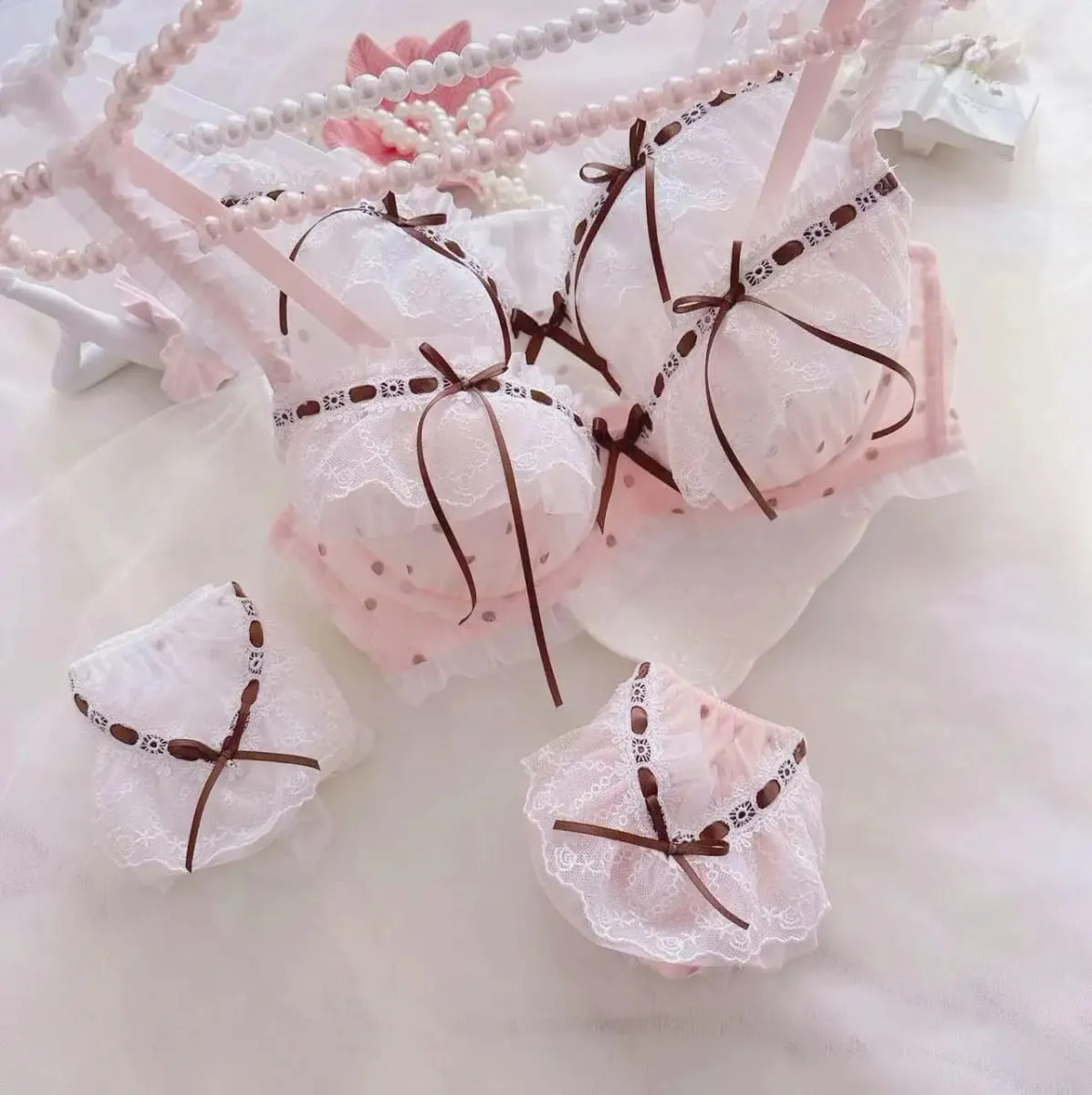 Napakagandang damit-panloob na nalulusaw sa tubig ribbons polka tuldok manipis na tasa estilo ng kolehiyo estudyante batang babae cute na natipon sexy underwear bra — image 2