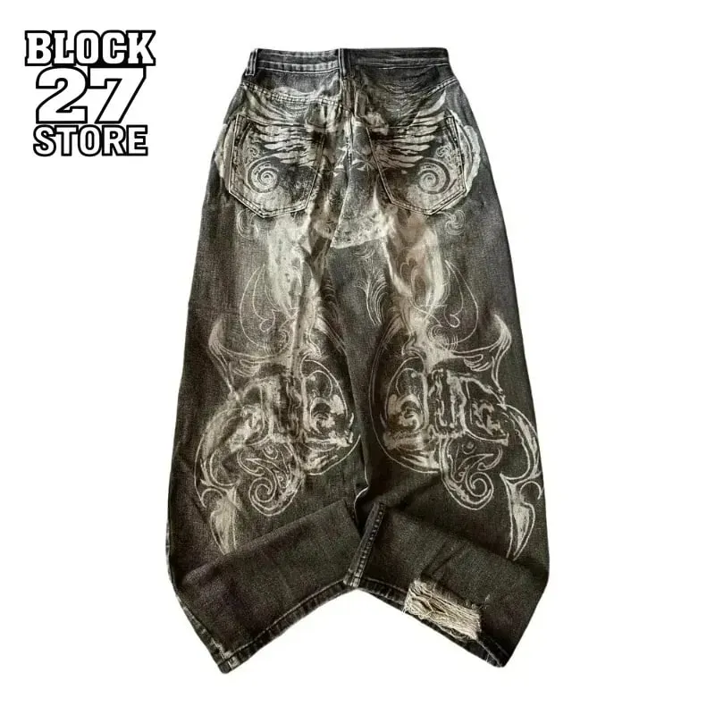 Mens Jeans Harajuku Streetwear Oversized Print Baggy Y2K Gothic Hip Hop Vintage High Waist Wide Leg Denim Pants Casual Fashion — image 2