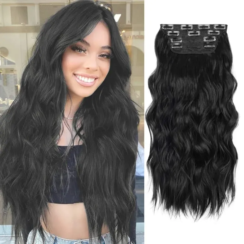 Clip in Hair Extensions 4PCS Synthetic Black Thick Hair Piece 24 Inches Long Wavy Clip in Extensions