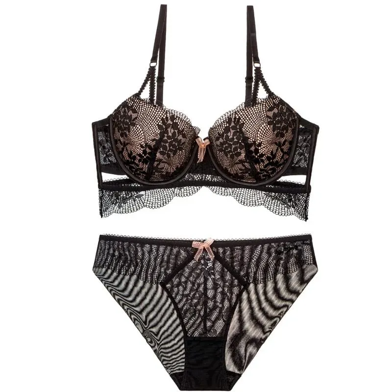 2023 Bagong Hollow Out Lingerie Para sa mga Babae Sexy Lace Bra at Panty Sets Push Up Adjustable Thicken Underwear Suit Malaking Sukat Intimate — image 2