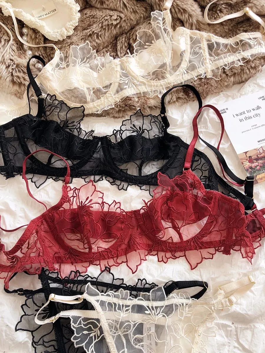 Französisch Unterwäsche Set Sexy Spitze Blumen Stickerei Bh Set Frauen Dessous Sommer Ultra Dünne Atmungsaktive Bralette Dessous Höschen