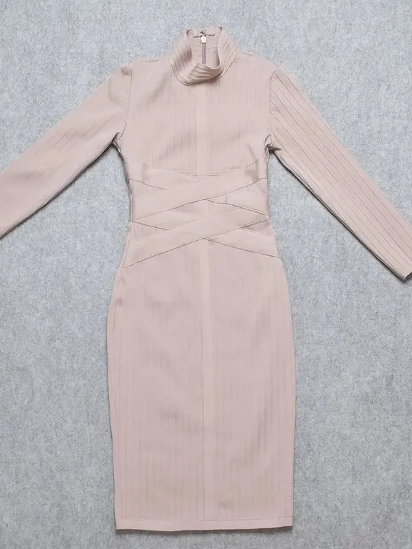Sexy Red Bandage Dress 2023 Nude Turtleneck Long Sleeves Office Bodycon Dress Cross Criss Women Midi Vestidos Maxi XL — image 5