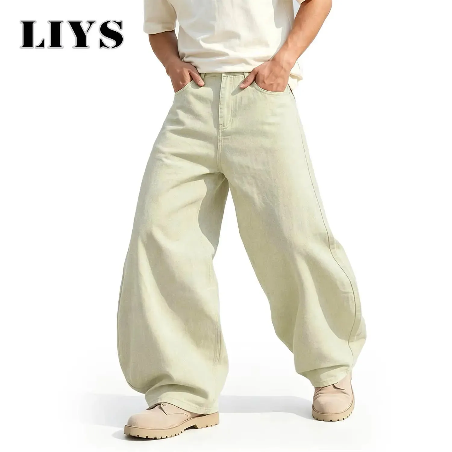Men's American Beige Loose Wide Leg Jeans High Waisted Streetwear Hip-Hop Fashion Loose Denim Pants Y2K Retro Casual Pants — image 10