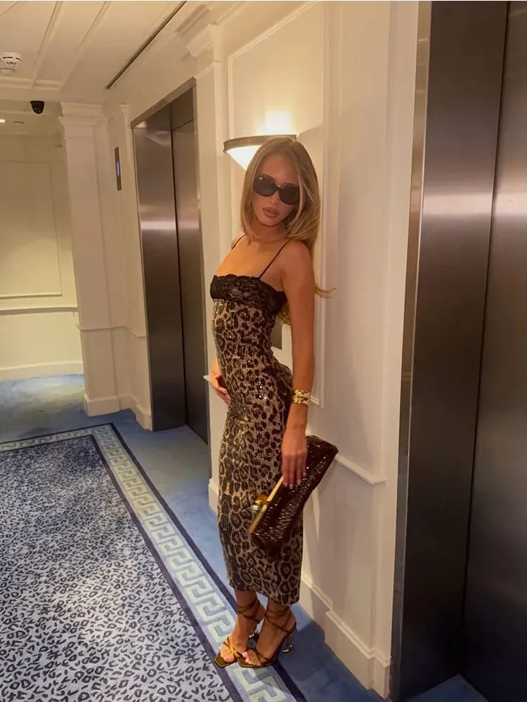 Ahagaga Sexy Women's Maxi Dress Camisole Spring Summer Square Neckline With Lace Trim Leopard Print Sequin Fabric Bodycon Slim — image 3