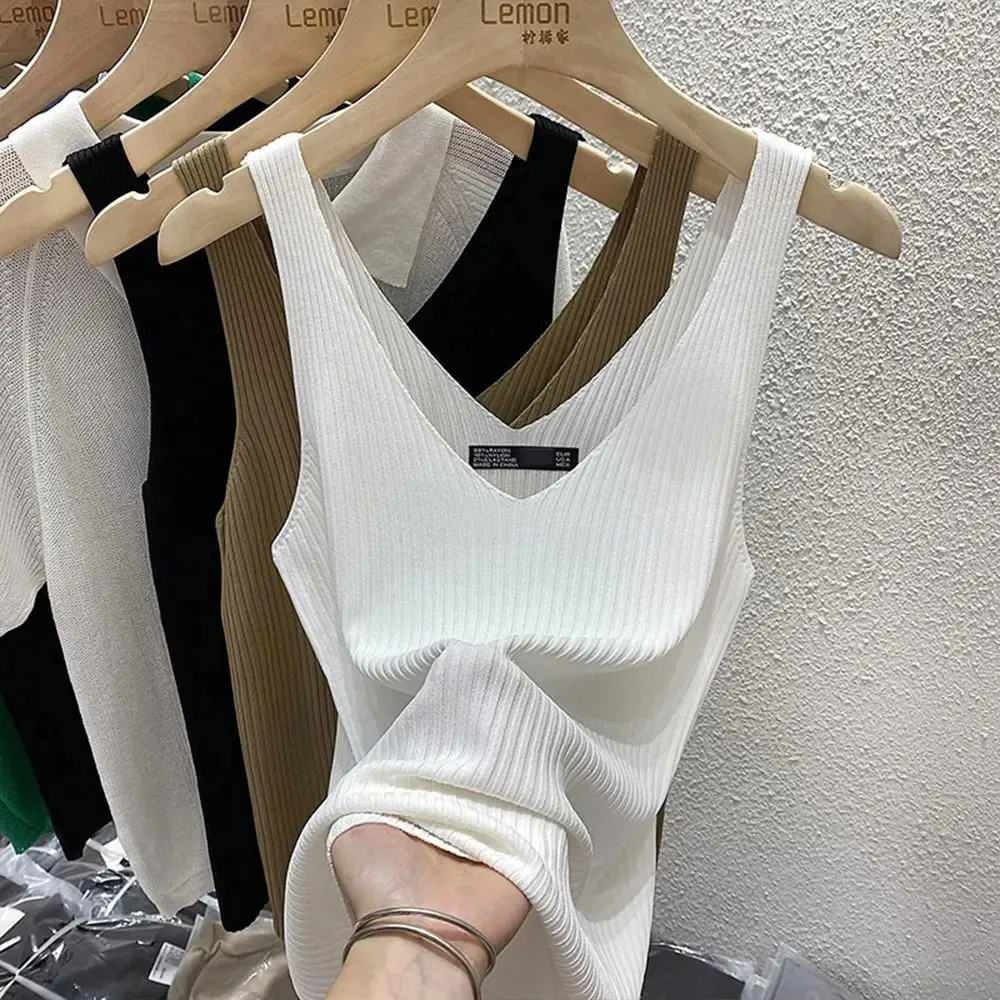 New Summer Sexy V-Neck Sleeveless Knit Women Camis Slim Pure Desire Style Basic Crop Top Korean Style Solid Versatile Tank Top — image 12