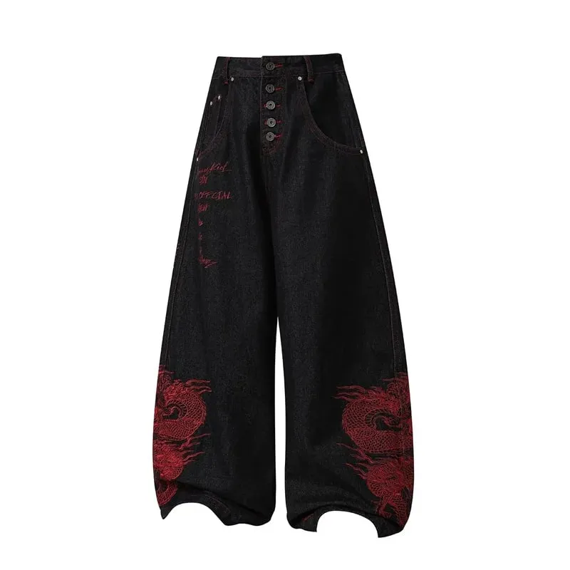 2026 New Side Red Dragon Embroidery Baggy Jeans For Men Y2K Streetwear Punk Fashion Denim Pantalones American Retro Hip Hop Jean — image 4