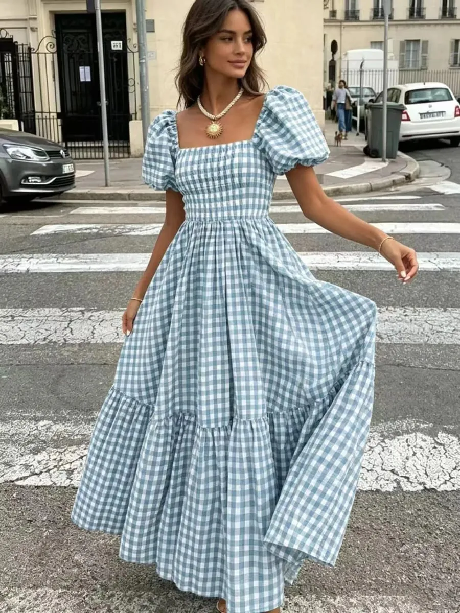 Women's Gingham Maxi Dress Square Neck Puff Sleeve Tiered Ruffle Hem Smocked Waist Casual Long Dress — image 1