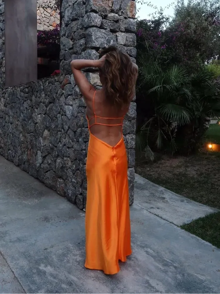 Women Orange Satin Sling Long Dress Fashion Solid Backless Sleeveless V-neck Pleated Gowns 2026 Lady Evening Party Robes Summer — image 3