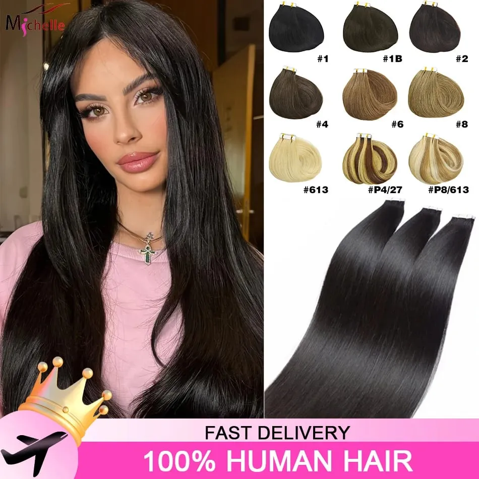 Tape In Hair Extensions 100% Virgin Human Hair Straight Seamless Invisible Skin Weft Tape Ins Extensions Natural Color 50G/pack — image 2