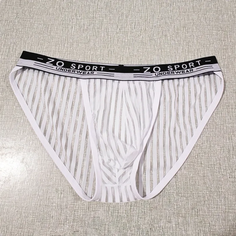 Striped Men's High Slit Sexy Pouch Underwear Ice Silk See Through Comfortable Male Triangle Briefs Man Underclothes — image 3