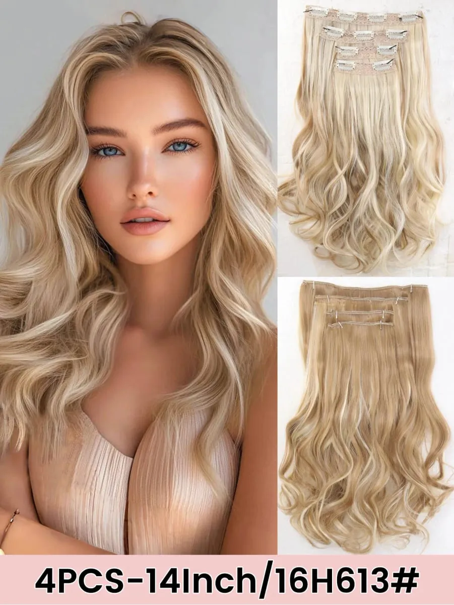 4PCS Full Head 14 Inch Long Curly Wavy Synthetic Hair Pieces Clip In Hair Extensions Natural Wavy For Women Girls Hair