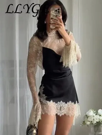 Elegante renda retalhos vestido curto feminino ver através de gola alta manga alargamento vestidos de festa 2025 outono senhora roupões de noite — image 5