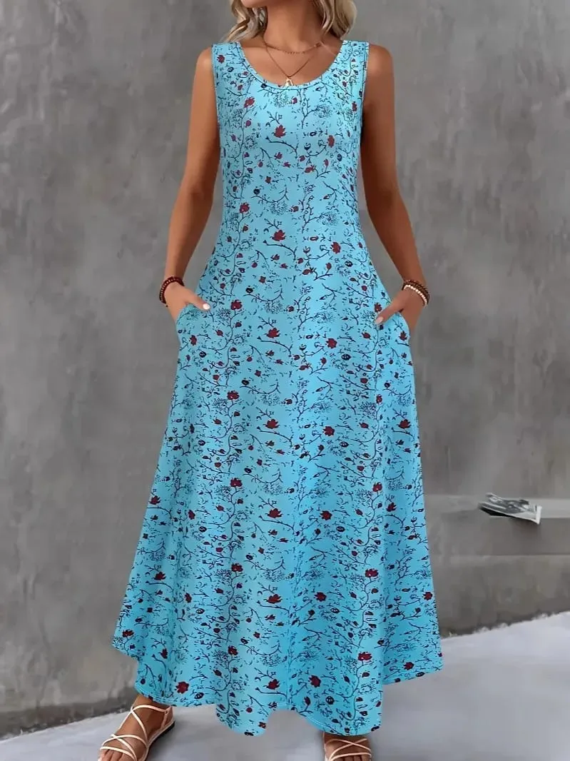 Women Summer Casual Sleeveless Floral Print Maxi Dress O Neck A-Line Long Dress With Pockets Loose Vestidos Beach Sundress — image 5