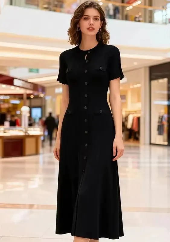 Summer Elegant Lady Knitted Single Breasted Long Dresses Women Solid Short Sleeve O Neck Button Bodycon Party Female Vestidos — image 4