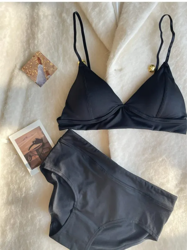 Triangle cup imitation denim thin section underwear female beauty back lingerie gathered to collect breasts comfortable bra set — image 6