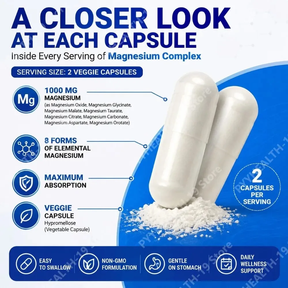 Magnesium Complex Kapsler 8 Former 1000mg Oxid Glycinate Malat Til Søvn Knogle Muskel & Wellness Support Voksen 90 Count — image 6