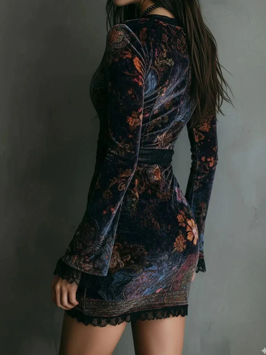 Velvet Bodycon Mini Dress V‑Neck Lace Trim Long Sleeve Vintage Floral Print Slim Fit Elegant Short Party Evening Club Dres — image 5