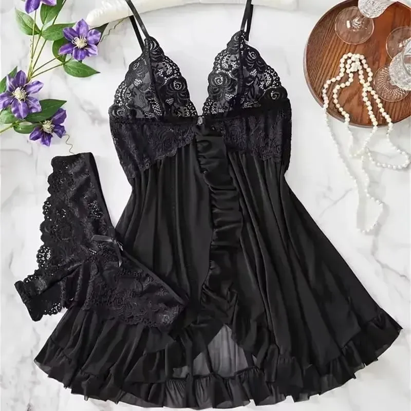 Red Sexy Lingerie Erotic Underwear Sets Transparent Porno Lace Bra And Panty Set Lingerie Women Hot Sleepwear Babydoll Dress — image 3