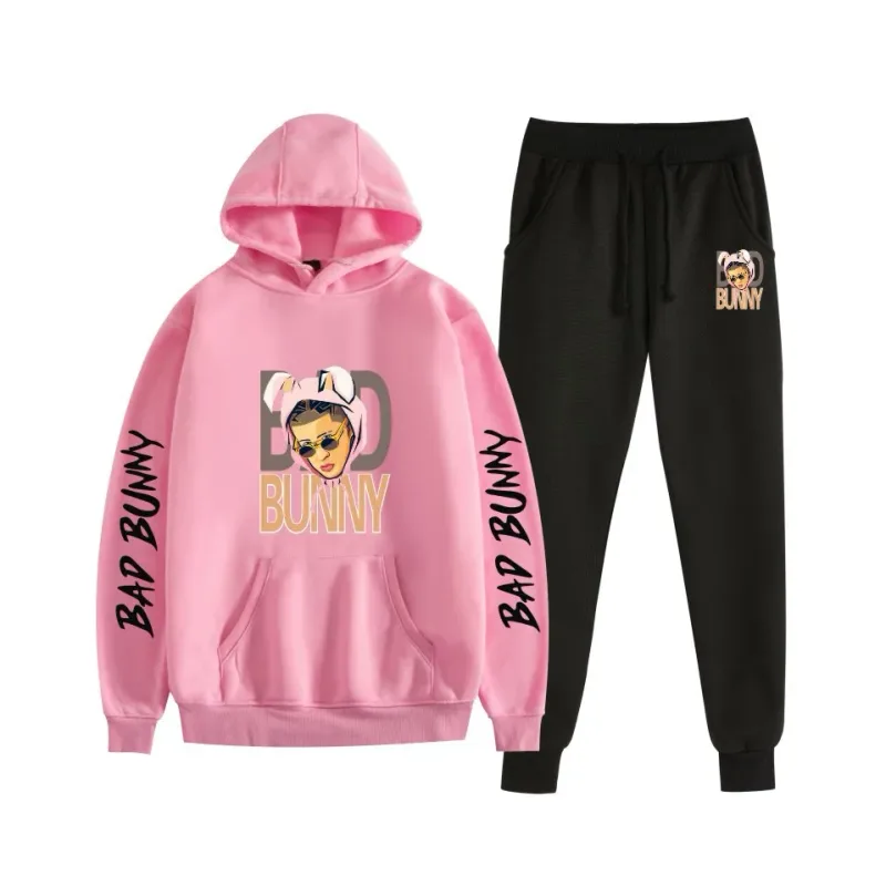 Harajuku Bekväm bad bunny Tryck Sweatshirt Träningsbyxor Kostym Dam Luvtröjor+ Byxor Kostym Pojkar/Flickor 2-delat set Kläder — image 30