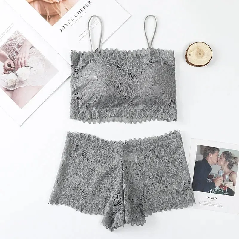 Women Lace Tube Bra and Panty Set Wireless Underwear Summer Padded Bralette Female Sexy Lingerie Low Rise Briefs — image 8