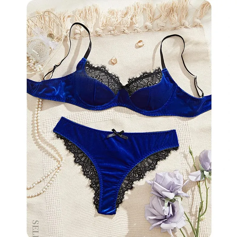 Sexy Female Lingerie Luxury Velvet Bra Set Lace Splicing Underwear Three-point Women's Lingerie Comfortable Intimate Underwear — image 4