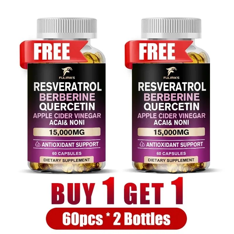 Buy 2 Get 2 Free! Resveratrol Berberine Quercetin Capsules Triple-Action Formula for Blood Sugar Heart Health & Anti-Aging