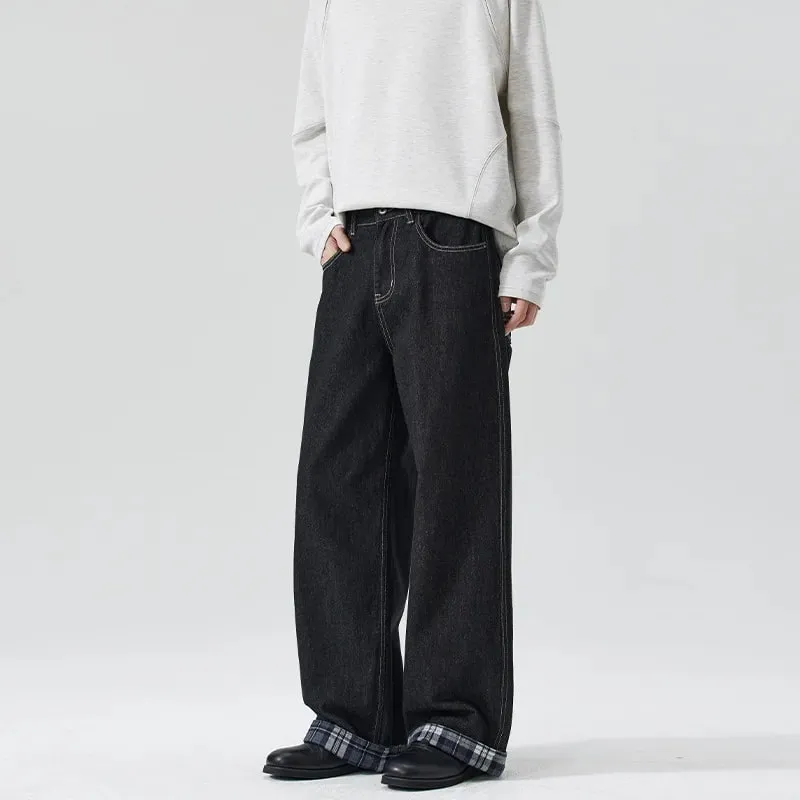 Men's Denim Black Jeans 2026 New American Style Trendy Plaid Bottoms Patchwork Raw Long Pants Loose Straight Trousers X2560 — image 3