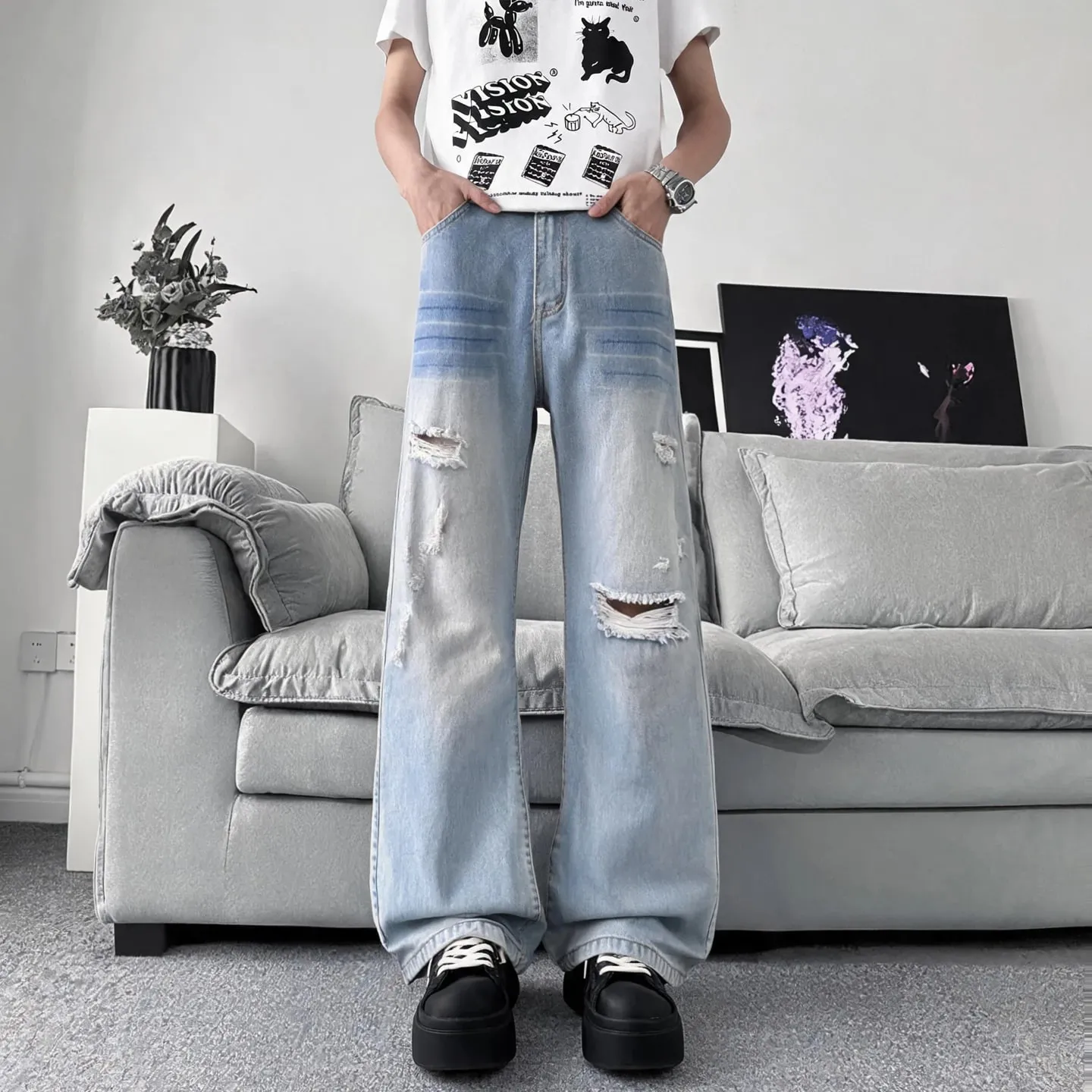 Summer Men's Distressed Denim Pants 2026 New Gray Washed Ripped Loose Straight Leg Casual Streetwear Jeans — image 8