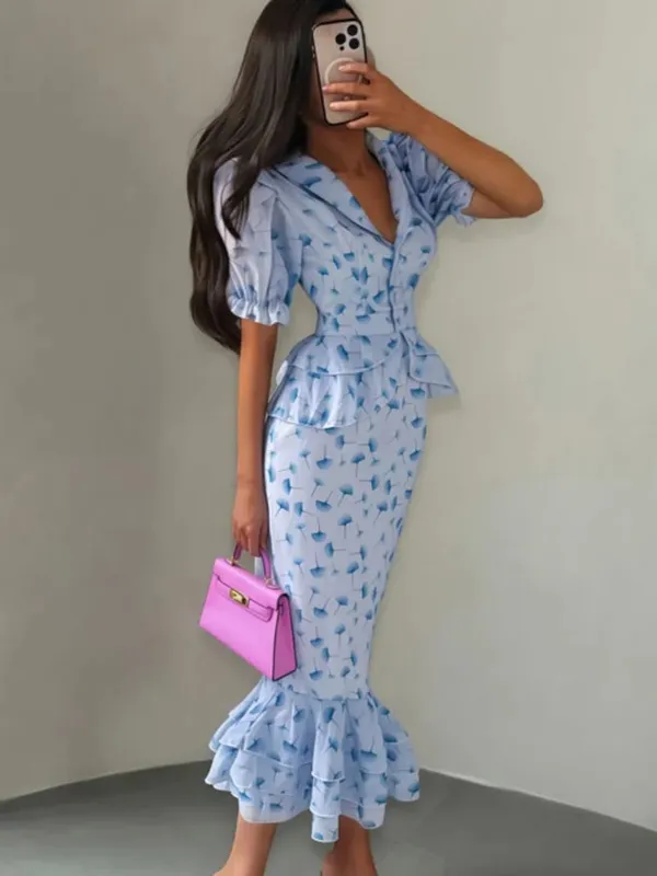 White Pink Floral Choker Neck Dress Women Elegant V-neck 3/4 Sleeves Peplum Ruffle Hem Long Dresses 2026 Lady Daily Vestidos New — image 8