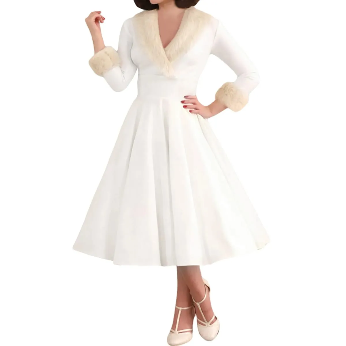 Ano novo vestido de natal feminino natal sexy traje manga longa decote em v pelúcia quente festa plissado elegante túnica vestidos de balanço — image 4