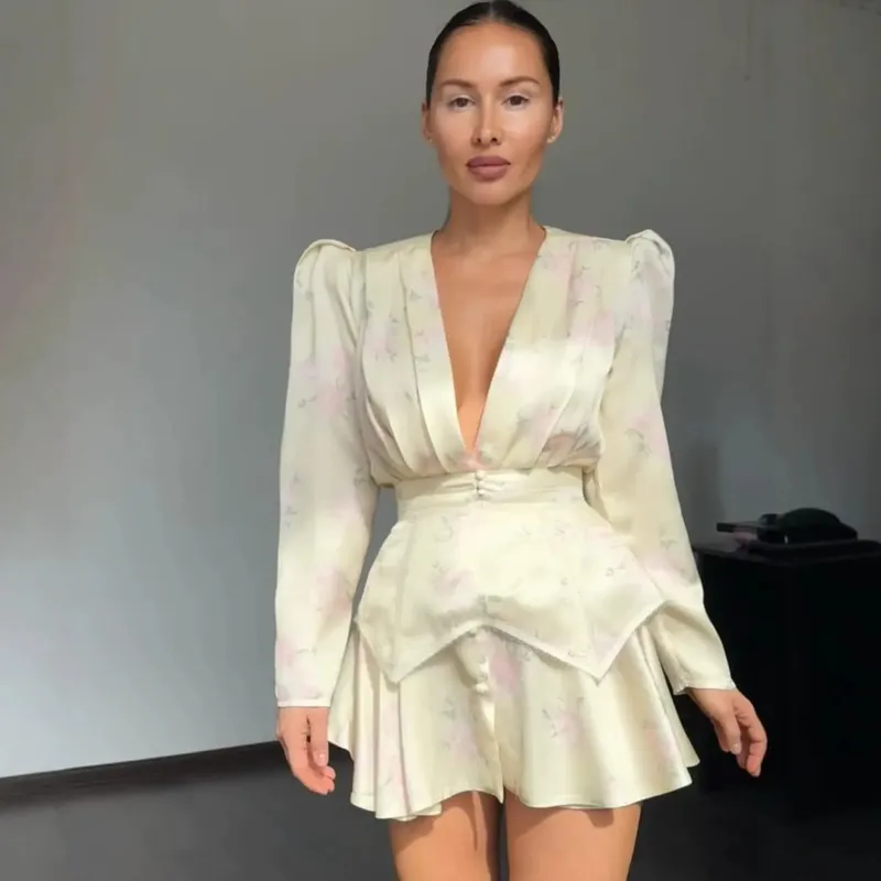 Elegant tryckt damklänning Organza Djup V-ringad Halvärmad midja Klänningar med plisserade plisseringar 2026 Summer Lady Holiday Party Robe — image 6