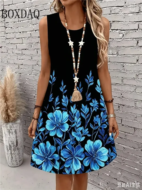 Women's Casual Floral Print Summer Dresses Sleeveless Round Neck Dress Sundress Beach Vacation Dress Y2k Ladies Loose Clothes — image 3