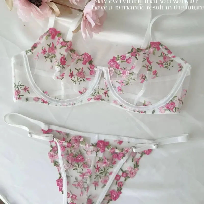 French Floral Bra Set Women | Sweet Sexy Sheer Mesh Lace Transparent Underwear Set | Practical & Feminine MOYISU Sexy Panty Set — image 7