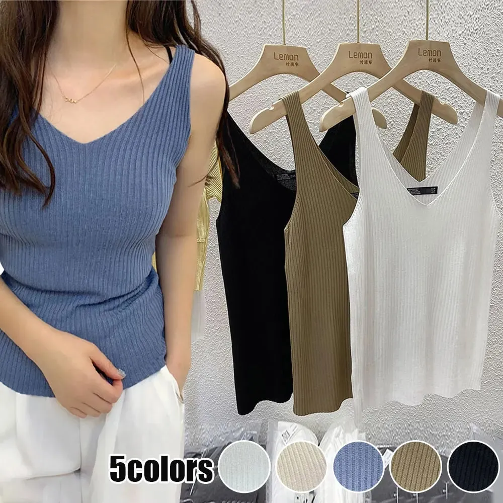 New Summer Sexy V-Neck Sleeveless Knit Women Camis Slim Pure Desire Style Basic Crop Top Korean Style Solid Versatile Tank Top — image 3