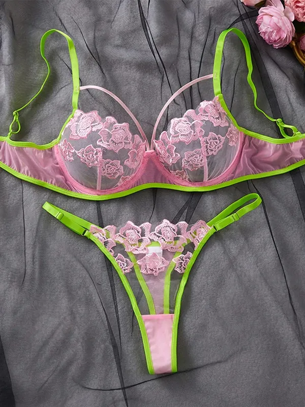 Women Lingerie Thong Outfit Sexy Transparent Mesh Bra Delicate Floral Lace Sheer Elegant Fashion Apparel Daily Ladies Underwear