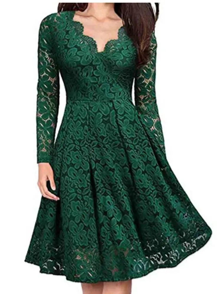 Women Lace A-Line Dress Spring Autumn V Neck Long Sleeve Lace Crochet Patchwork WineRed Slim Party Dresses JYFS-JY8858 — image 4