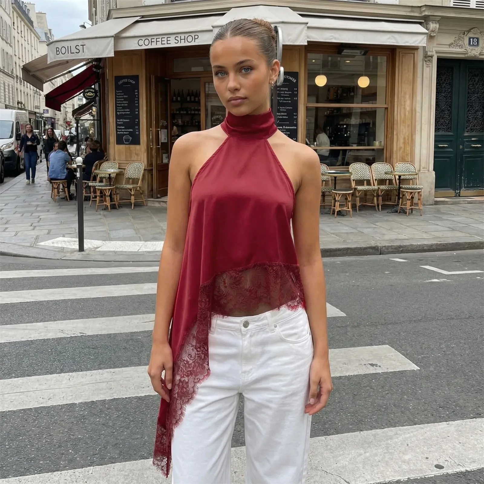 Women Boho y2k Coquette Lace Trim Halter Crop Tops Retro Sleeveless Backless Loose Irregular Hem Tanks Cropped Camis Vests
