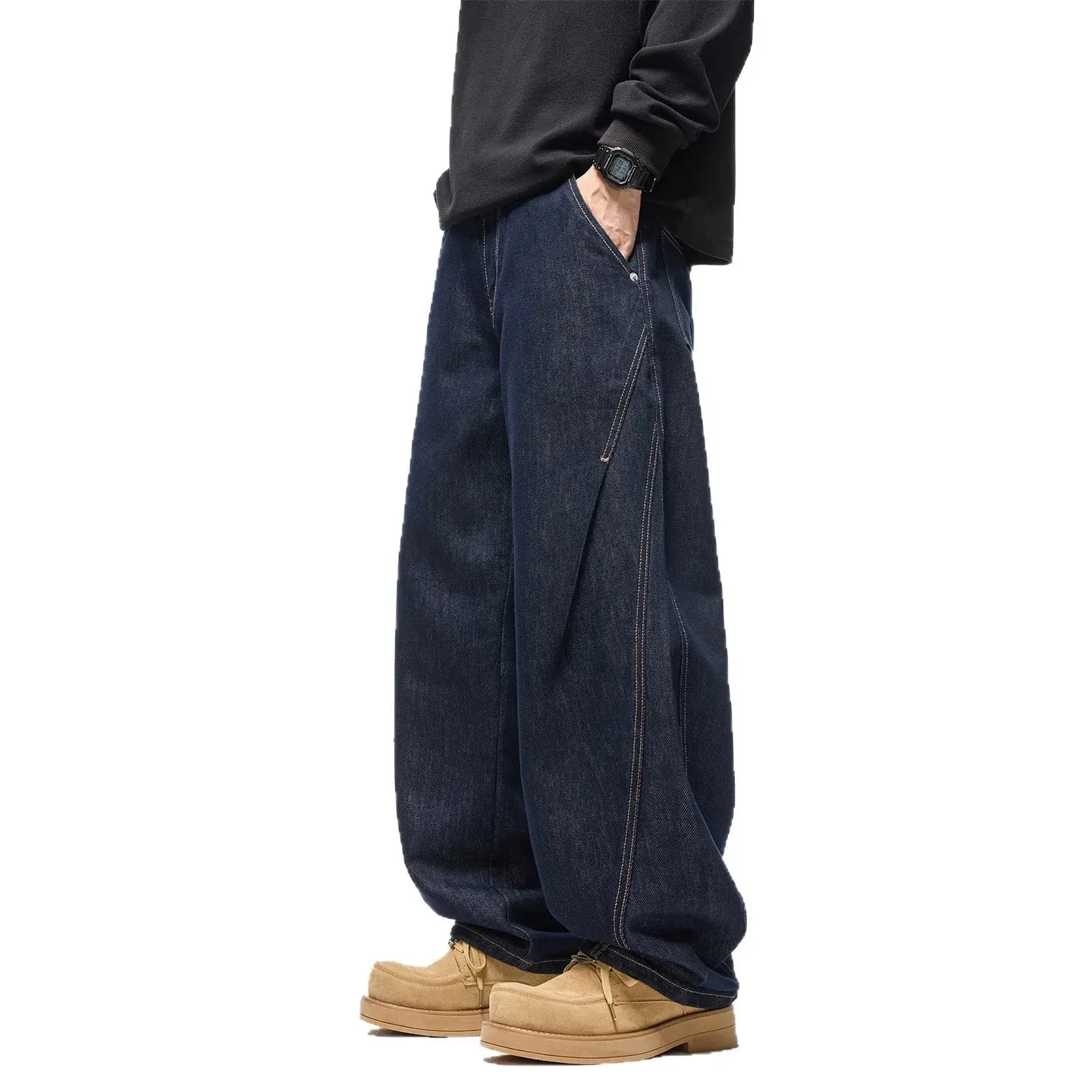 Autumn Winter 2026 New Fashion American Style Men's Dark Blue Solid Color Casual Trendy Simple Basic Wide Leg Loose Jeans Pants — image 6